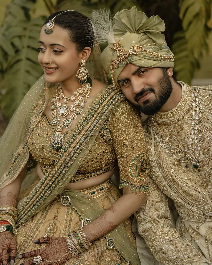Bride and groom in olive tones, close portrait